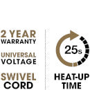 ghd details; swivel cord, 25 sec heat up & 2 year warranty