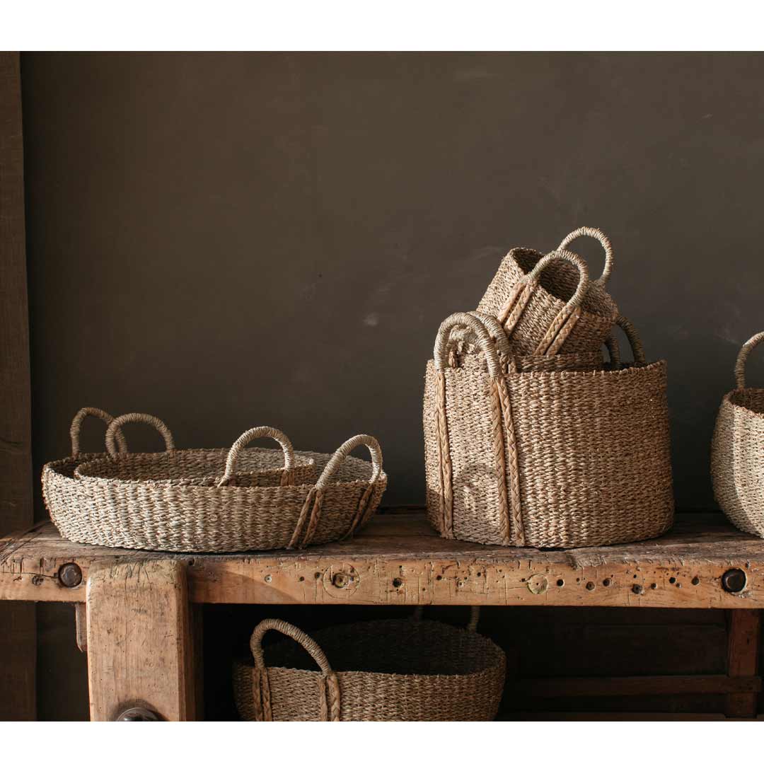 Kuten Set of 2 Round Seagrass Wide Basket with Plaited Handles